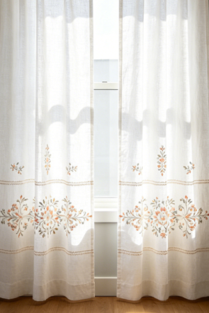 Symmetrical Floral Embroidery Floor-Length Linen Curtains