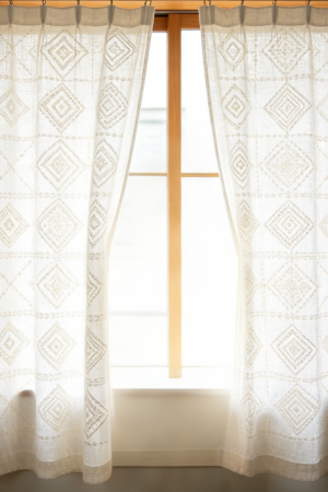 Geometric Embroidered White Linen Curtains
