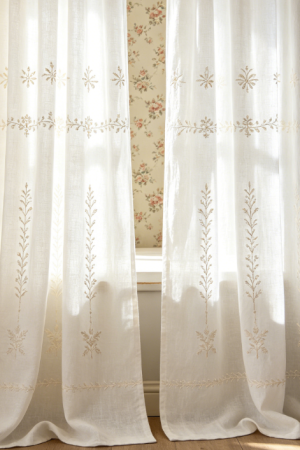 Simple Linen Curtain with Embroidered Vines and Leaves