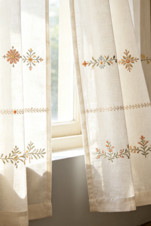 Vintage-Style Embroidered Linen Curtains with Floral Embroidery