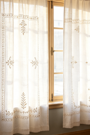 Country-Striped Floral Embroidered Linen Sheer Curtains